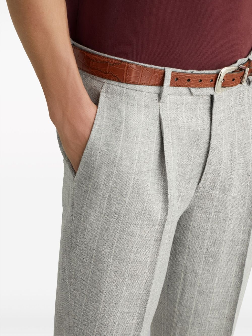 Shop Brunello Cucinelli Pinstripe Linen-blend Trousers In Grey