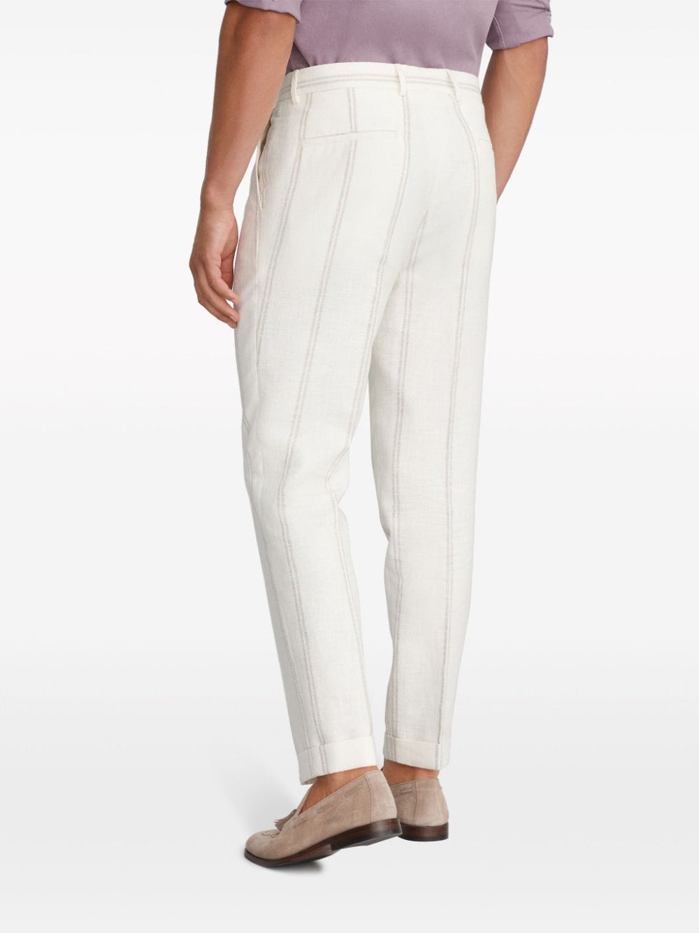 Shop Brunello Cucinelli Stripe-pattern Button-fastening Tapered Trousers In White