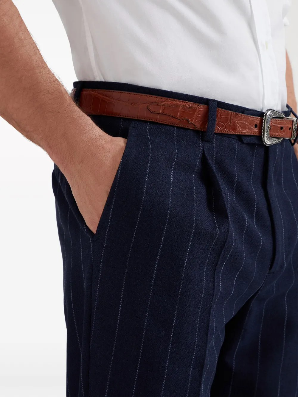 Shop Brunello Cucinelli Pinstriped Tapered Trousers In Blue