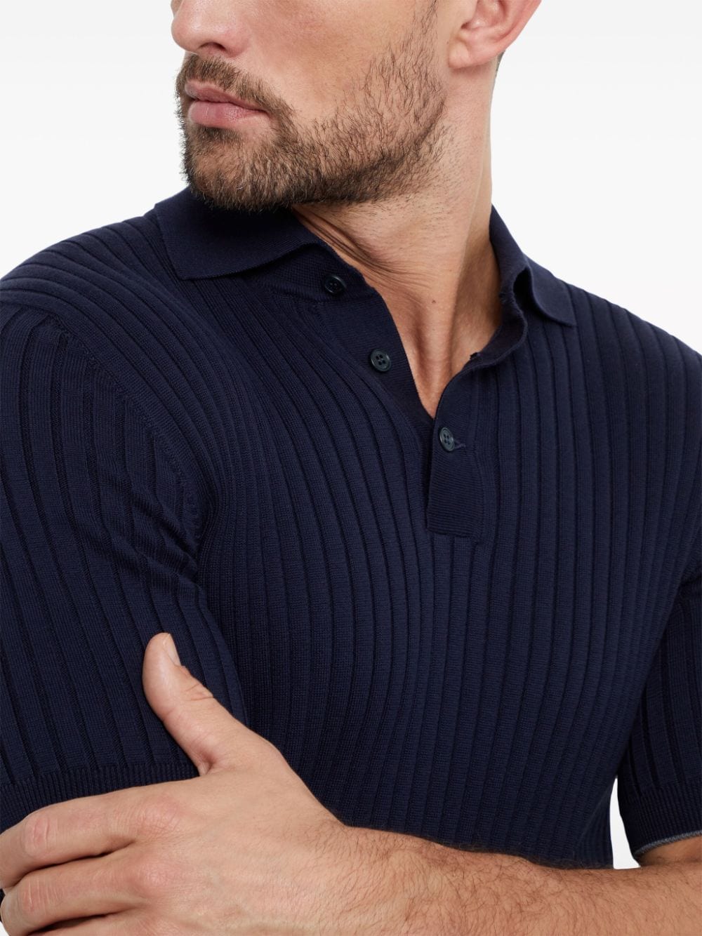 Shop Brunello Cucinelli Ribbed-knit Polo Shirt In Blue