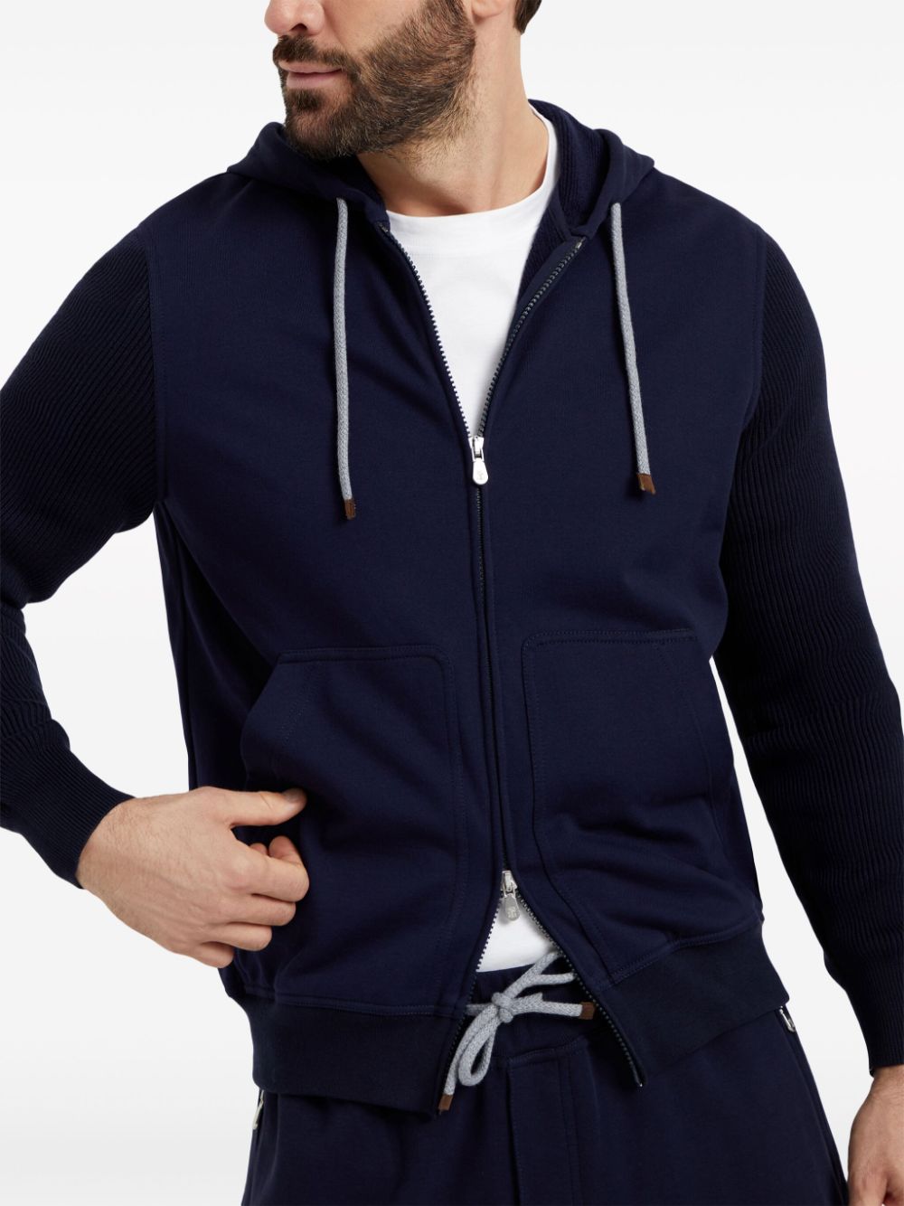 Shop Brunello Cucinelli Ribbed-sleeve Cotton Zip-up Hoodie In Blue