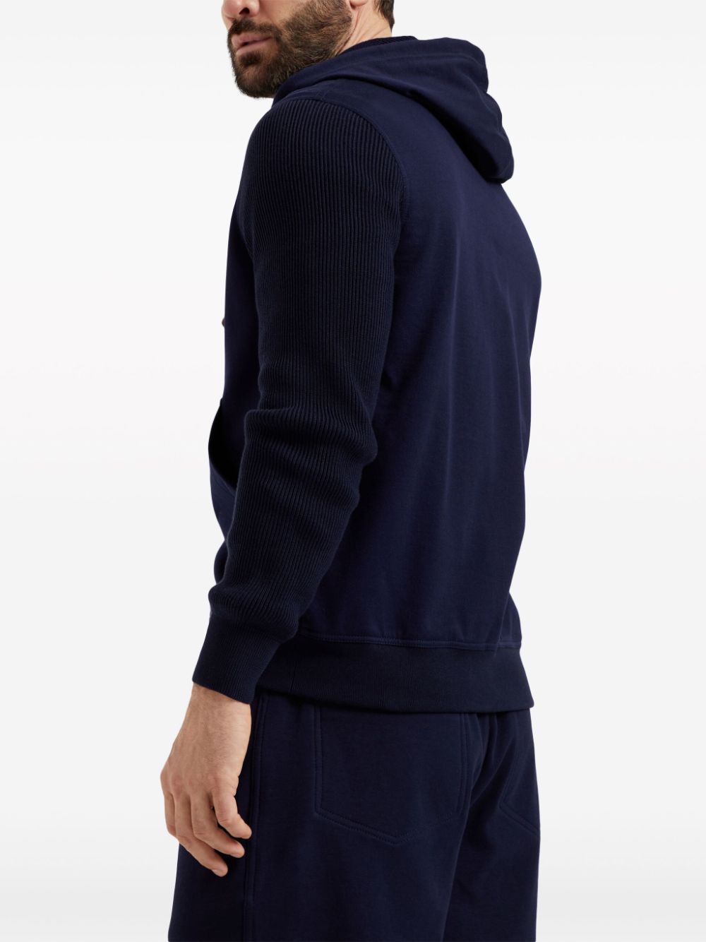 Shop Brunello Cucinelli Ribbed-sleeve Cotton Zip-up Hoodie In Blue