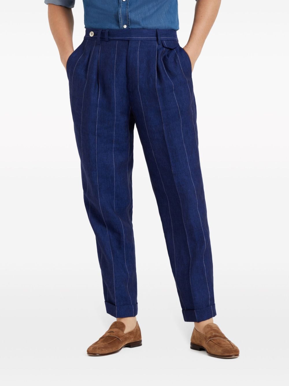 Shop Brunello Cucinelli Tapered-leg Striped Linen Trousers In Blue
