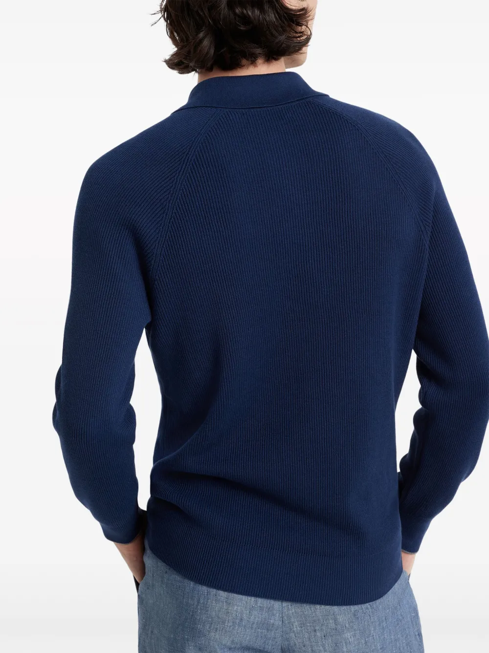 Shop Brunello Cucinelli Ribbed-knit Polo Jumper In Blue