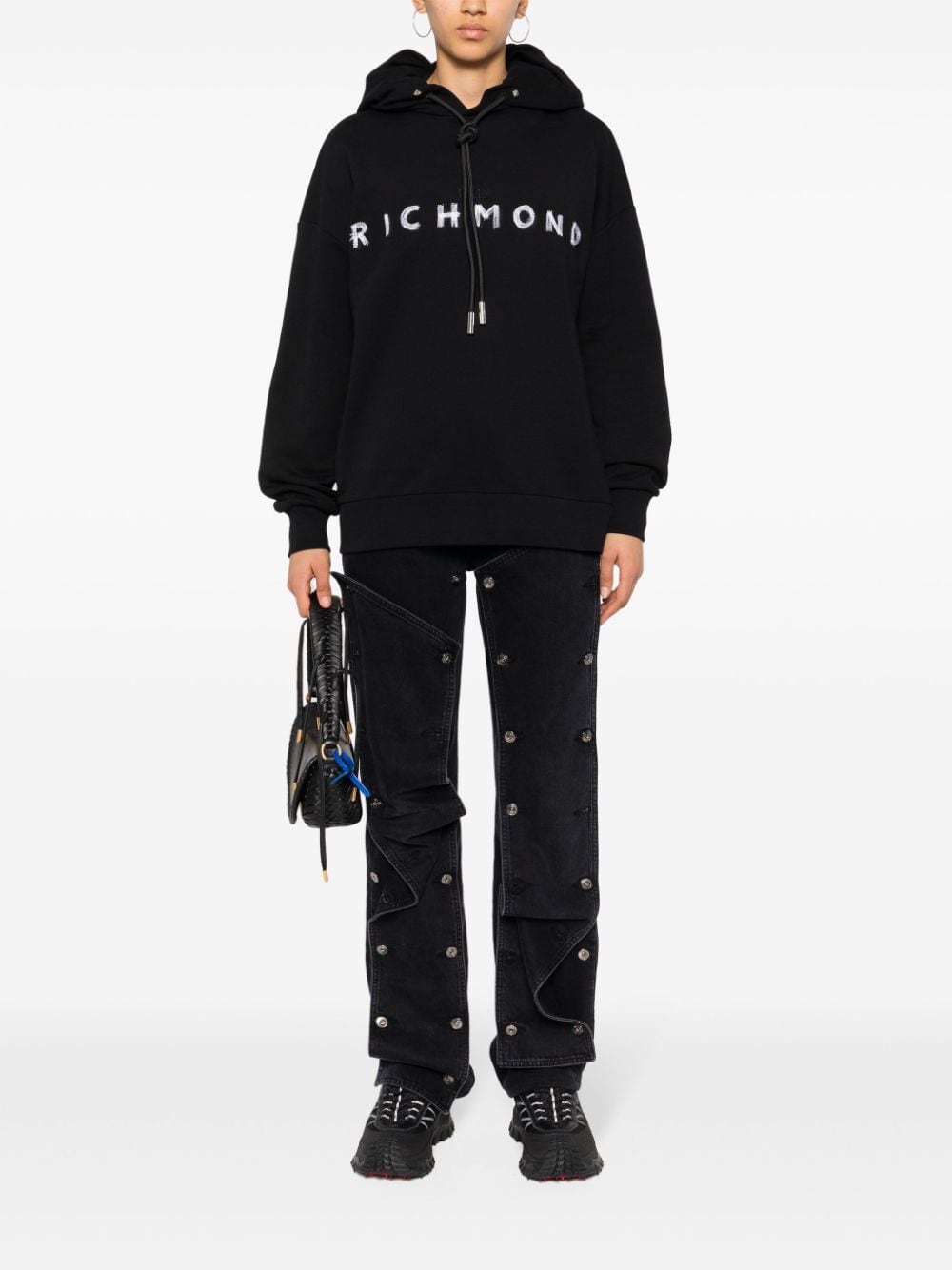 Shop John Richmond Logo-embroidered Cotton Hoodie In Black