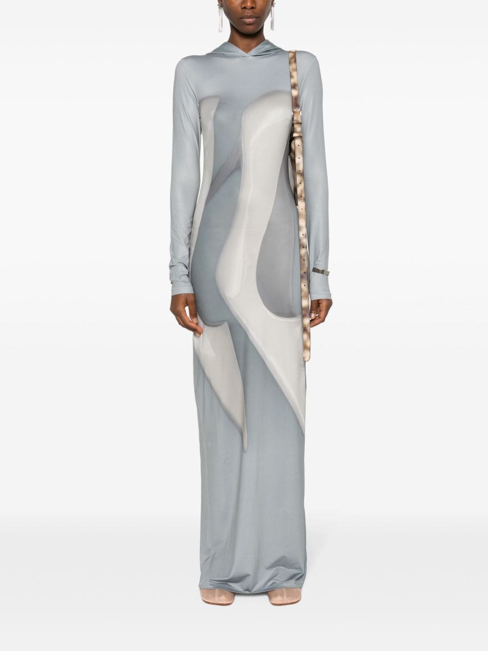 Shop Acne Studios Stiletto-print Hooded Maxi Dress In Grey