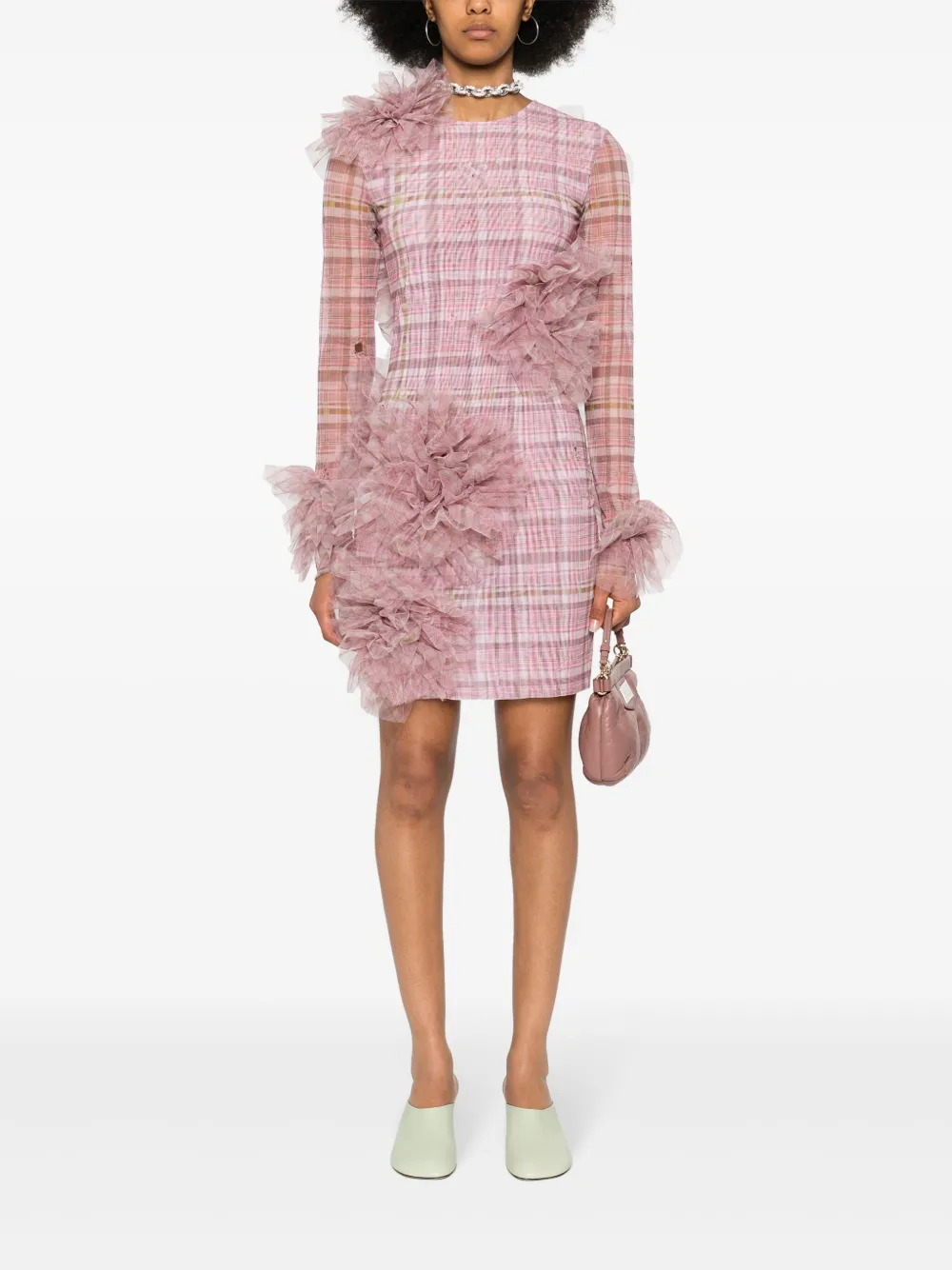 Shop Acne Studios Floral-appliqué Plaided Mini Dress In Pink