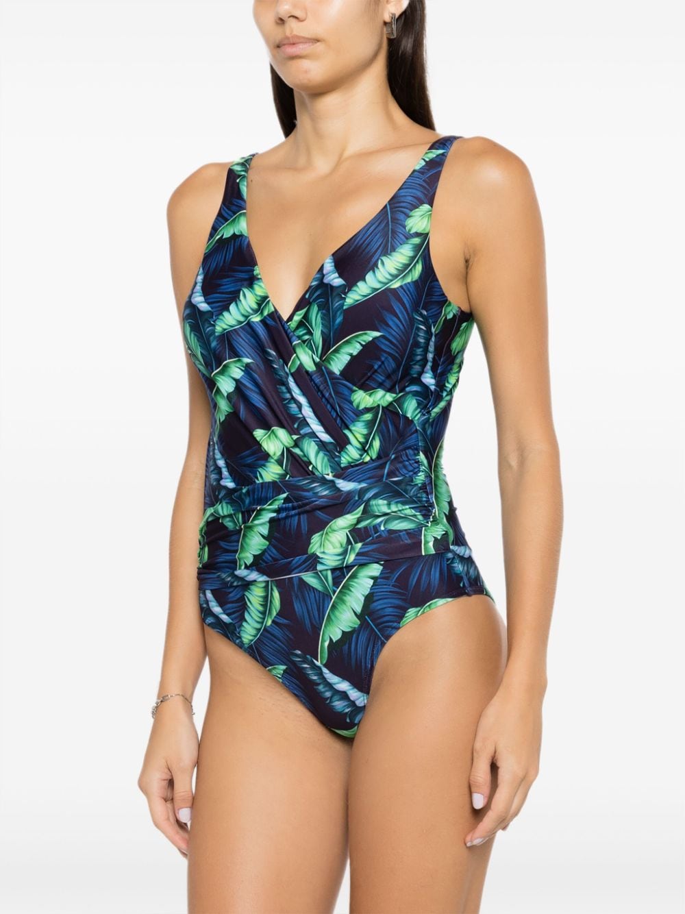 Shop Lygia & Nanny Maisa Draped Leaf-print Swimsuit In Blue