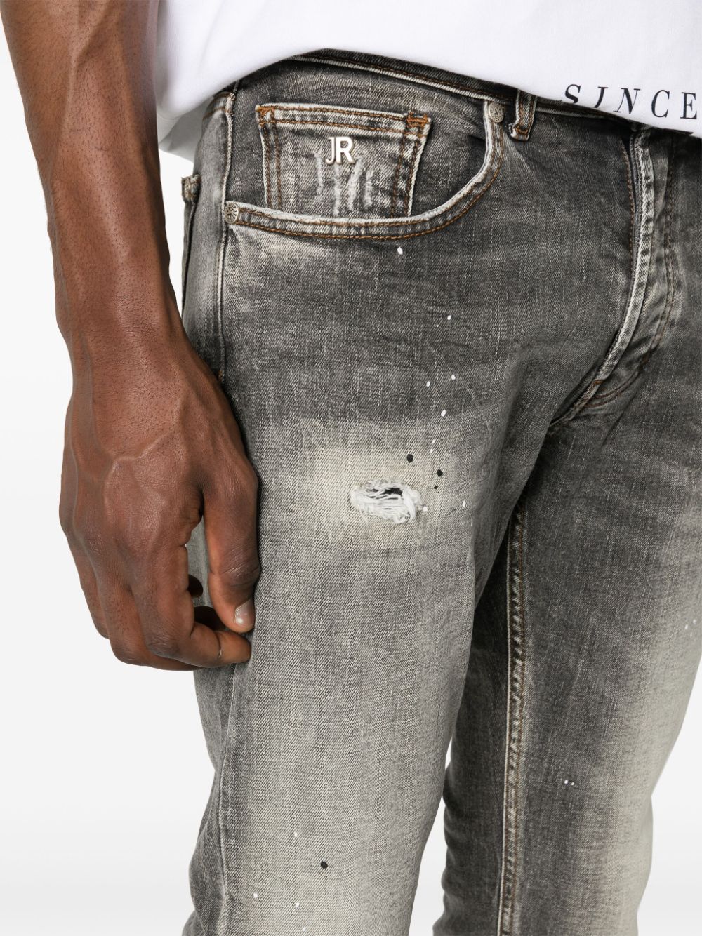 Shop John Richmond Distressed Tapered Jeans In 黑色