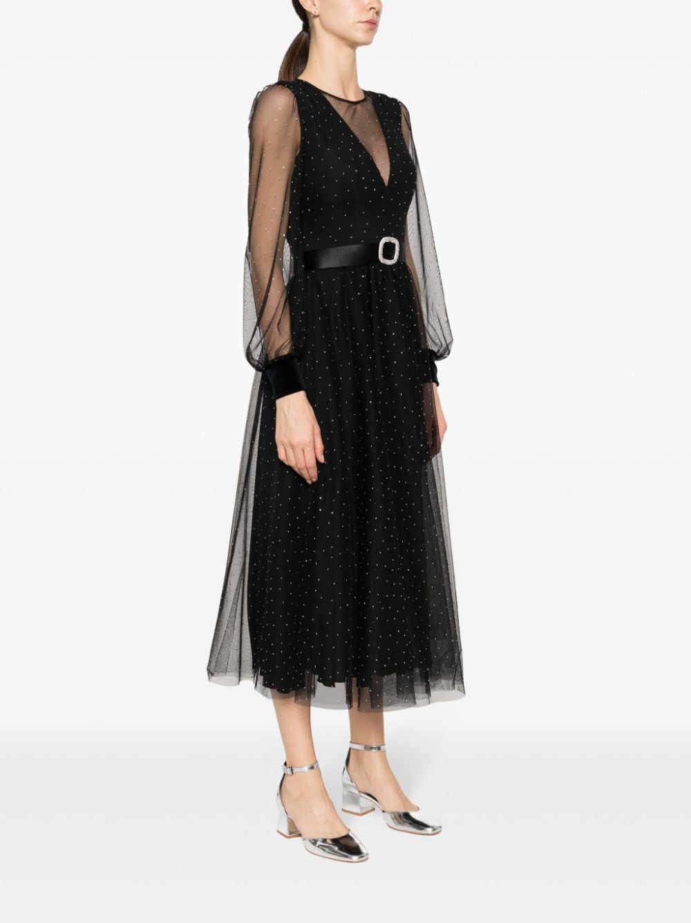 Shop Nissa Crystal-embellished Belted-waist Dress In Black