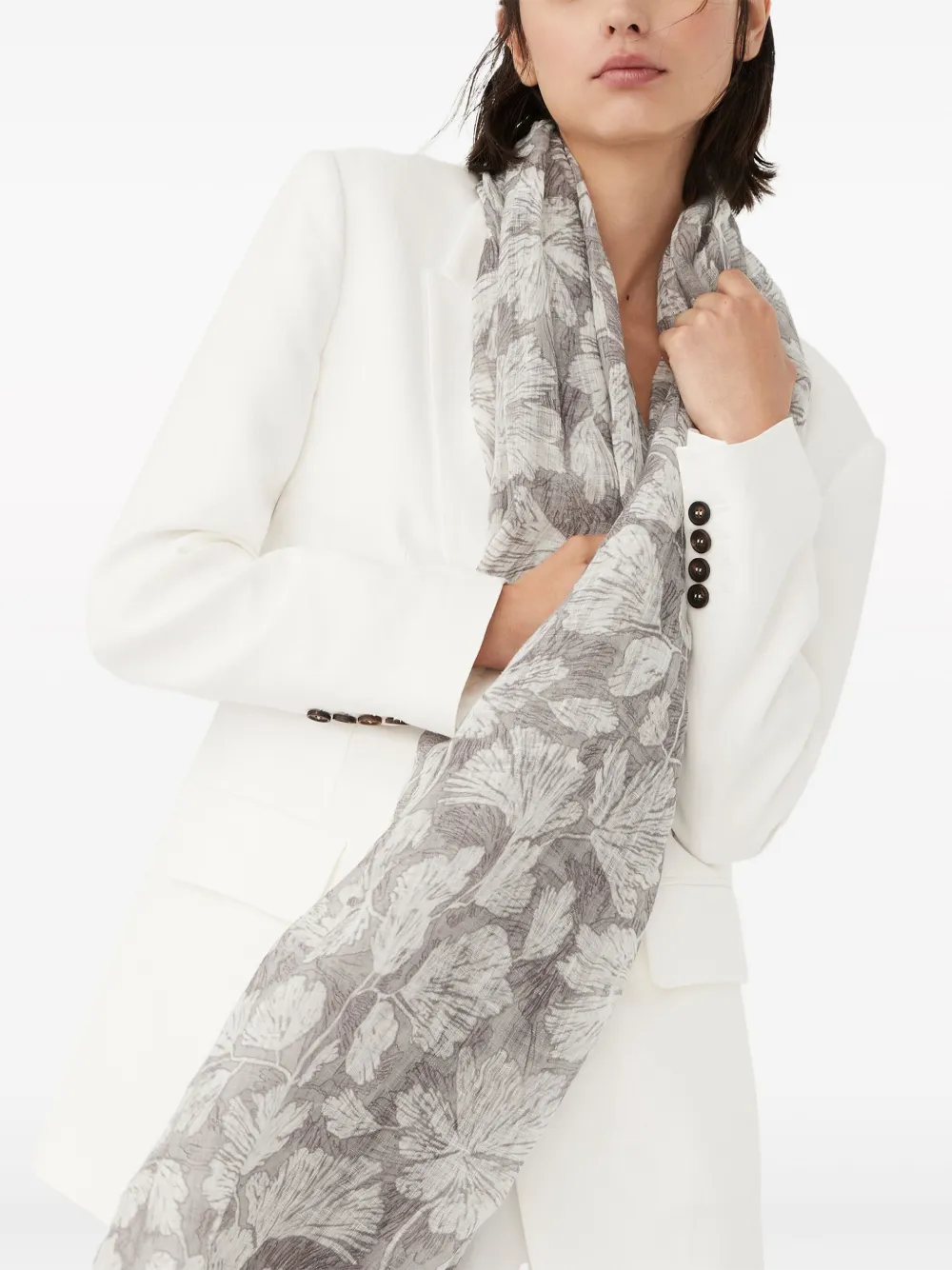 Shop Brunello Cucinelli Floral-print Linen Scarf In Neutrals