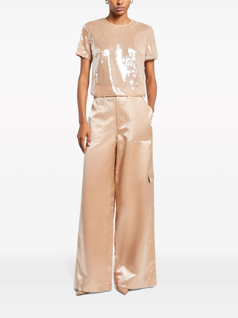 STAUD Quincy T-shirt met pailletten - Beige