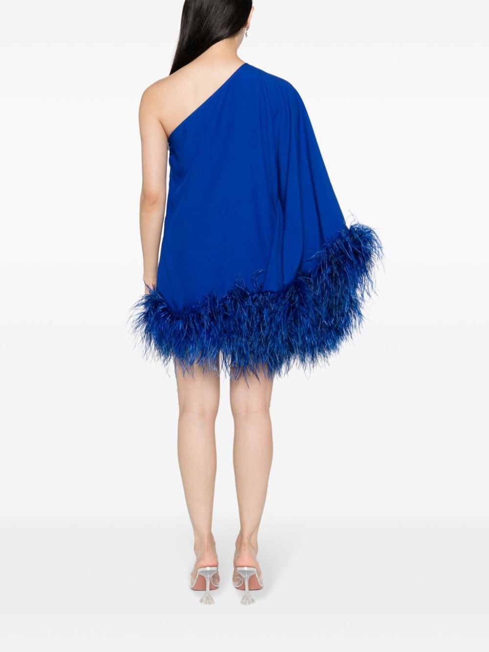 Shop Taller Marmo Feather-trim One-shoulder Minidress In Blue