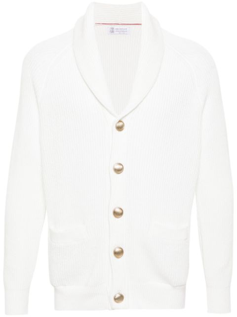 Brunello Cucinelli logo-embossed buttons ribbed-knit cardigan Men