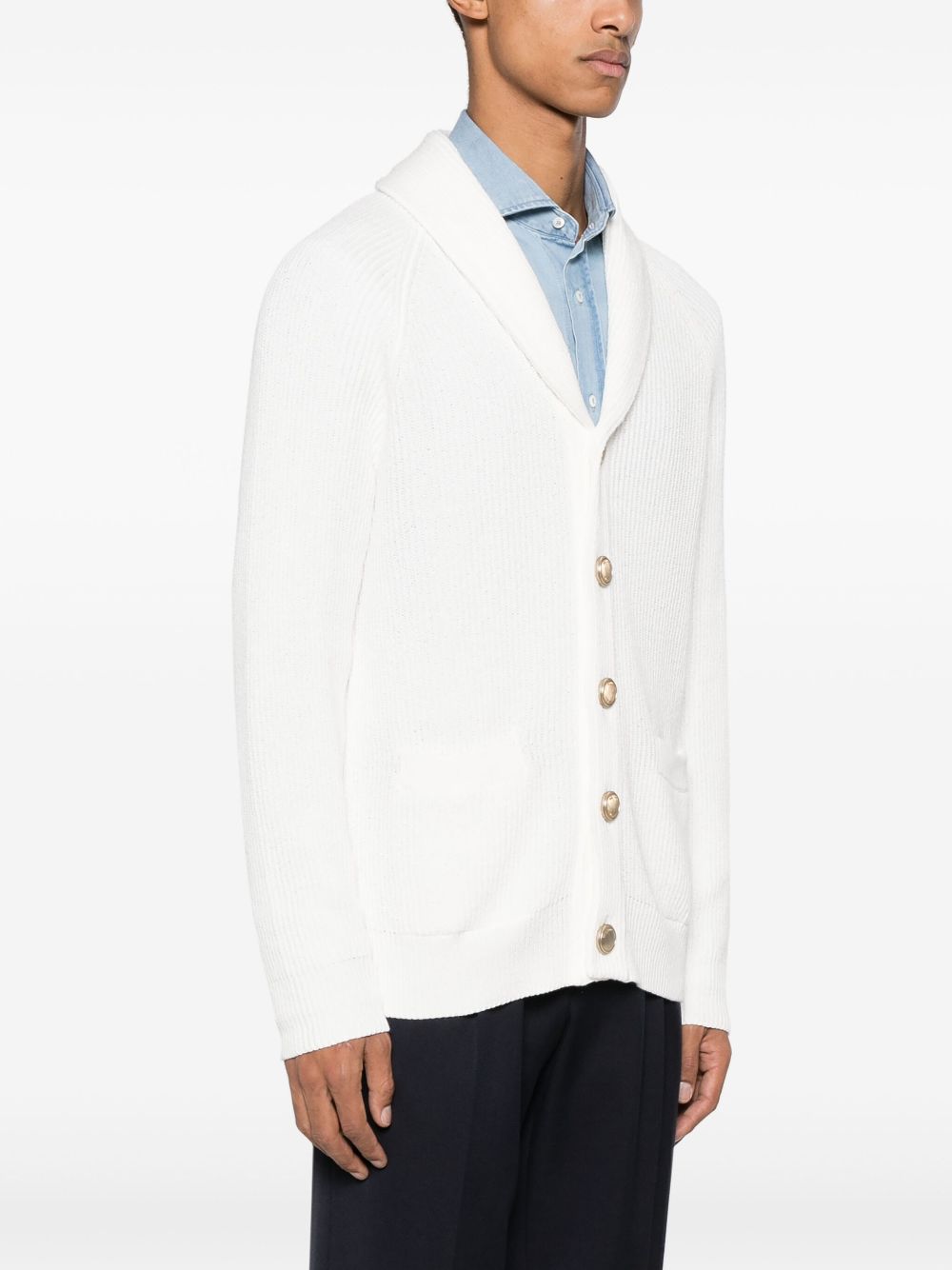 Shop Brunello Cucinelli Logo-embossed Buttons Ribbed-knit Cardigan In White