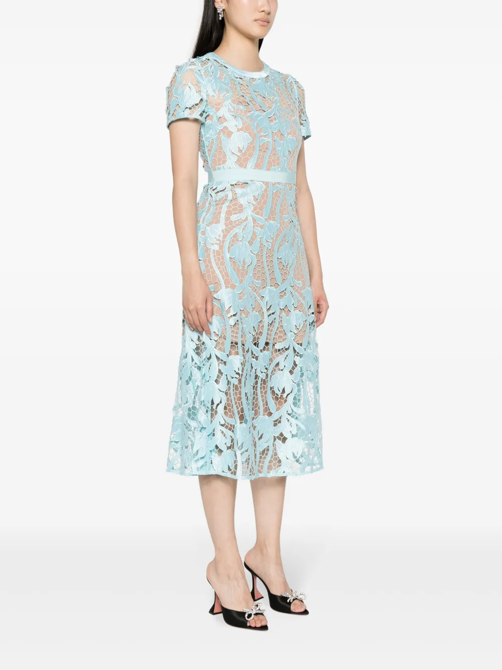 Shop Self-portrait Guipure-lace Flared Midi Dress In Blue