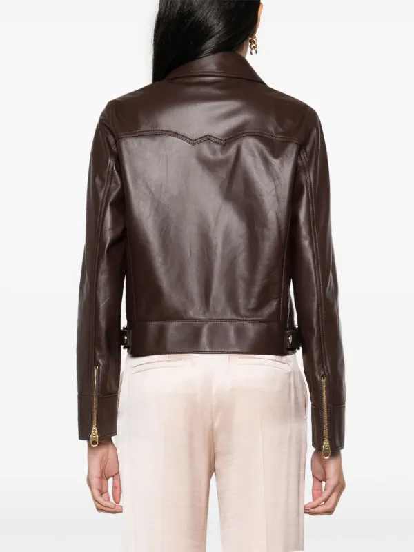 Wide collar leather outlet jacket