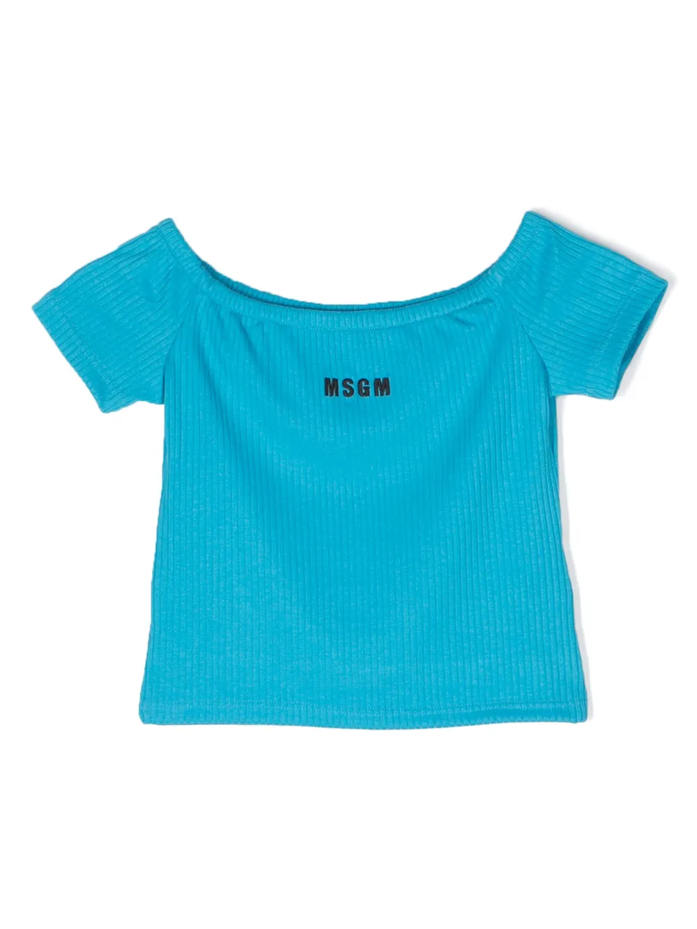 Msgm Kids' Logo-embroidered Ribbed T-shirt In Blue