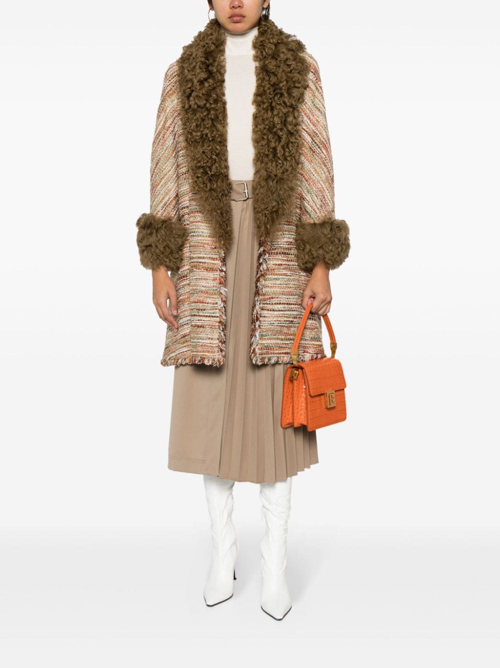 Pre-owned Chanel 2000s Shearling-trim Tweed Coat In Multicolour
