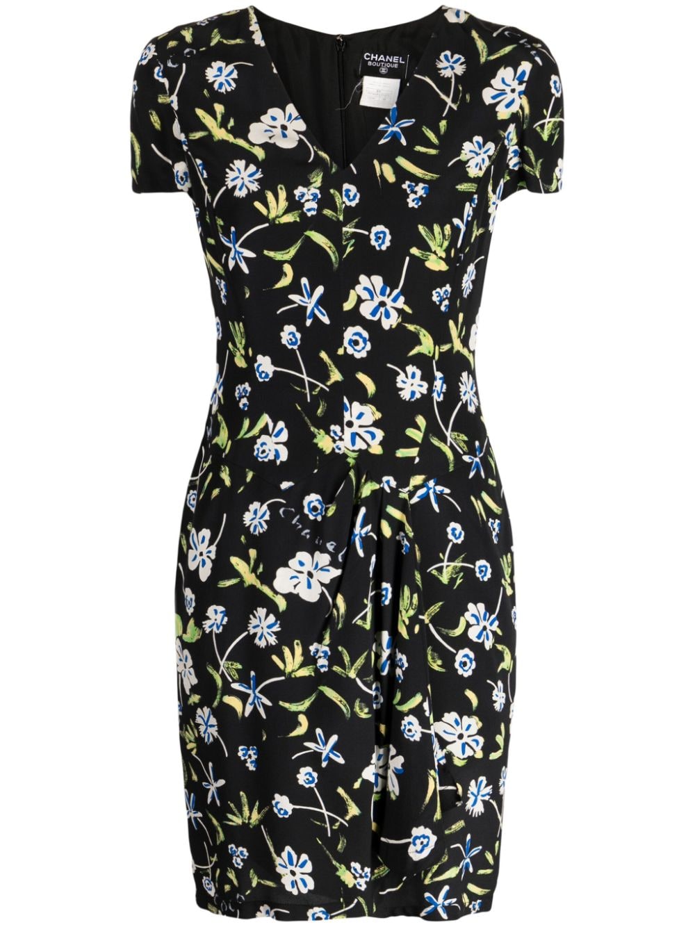 Pre-owned Chanel 1997 Floral-print Silk Minidress In Black