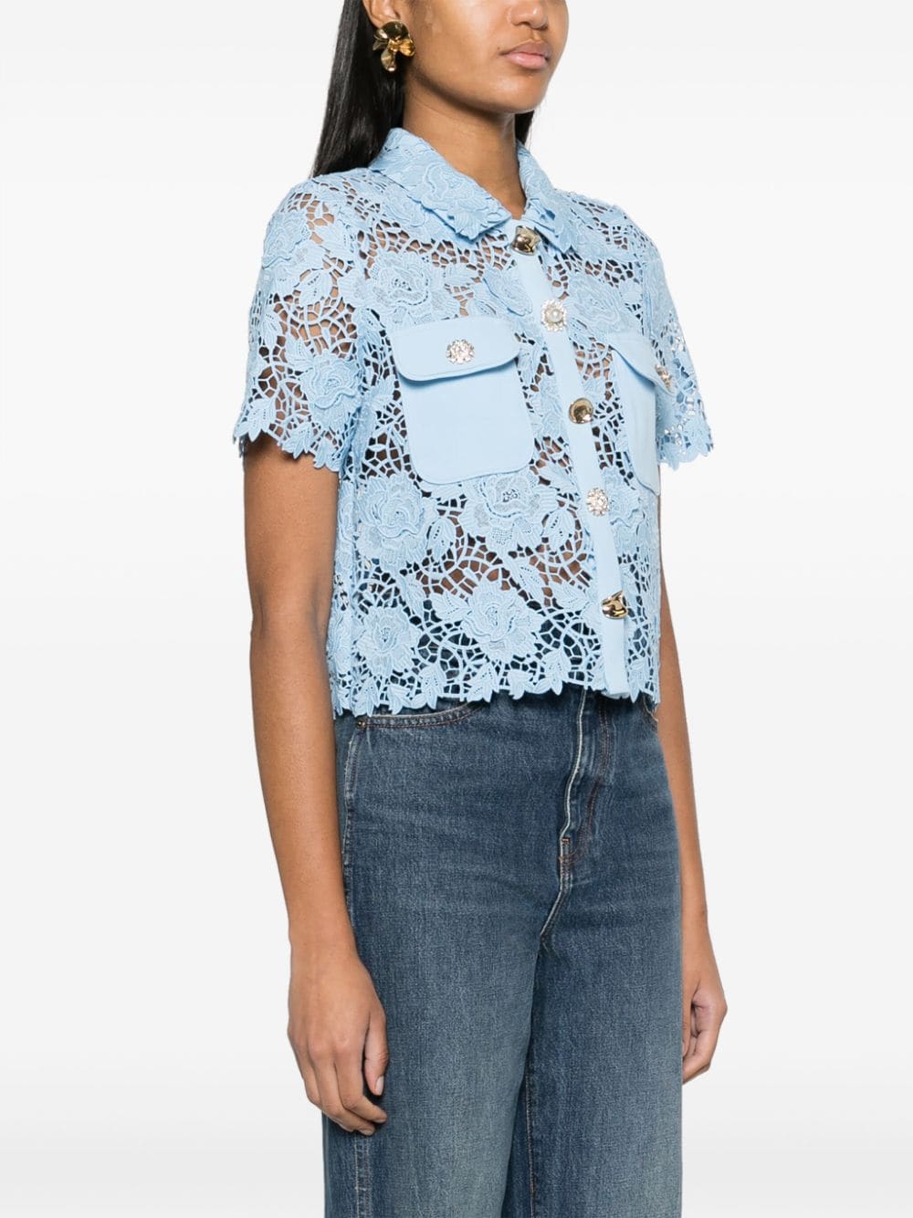 Shop Self-portrait Cord-laced Unlined Shirt In Blue