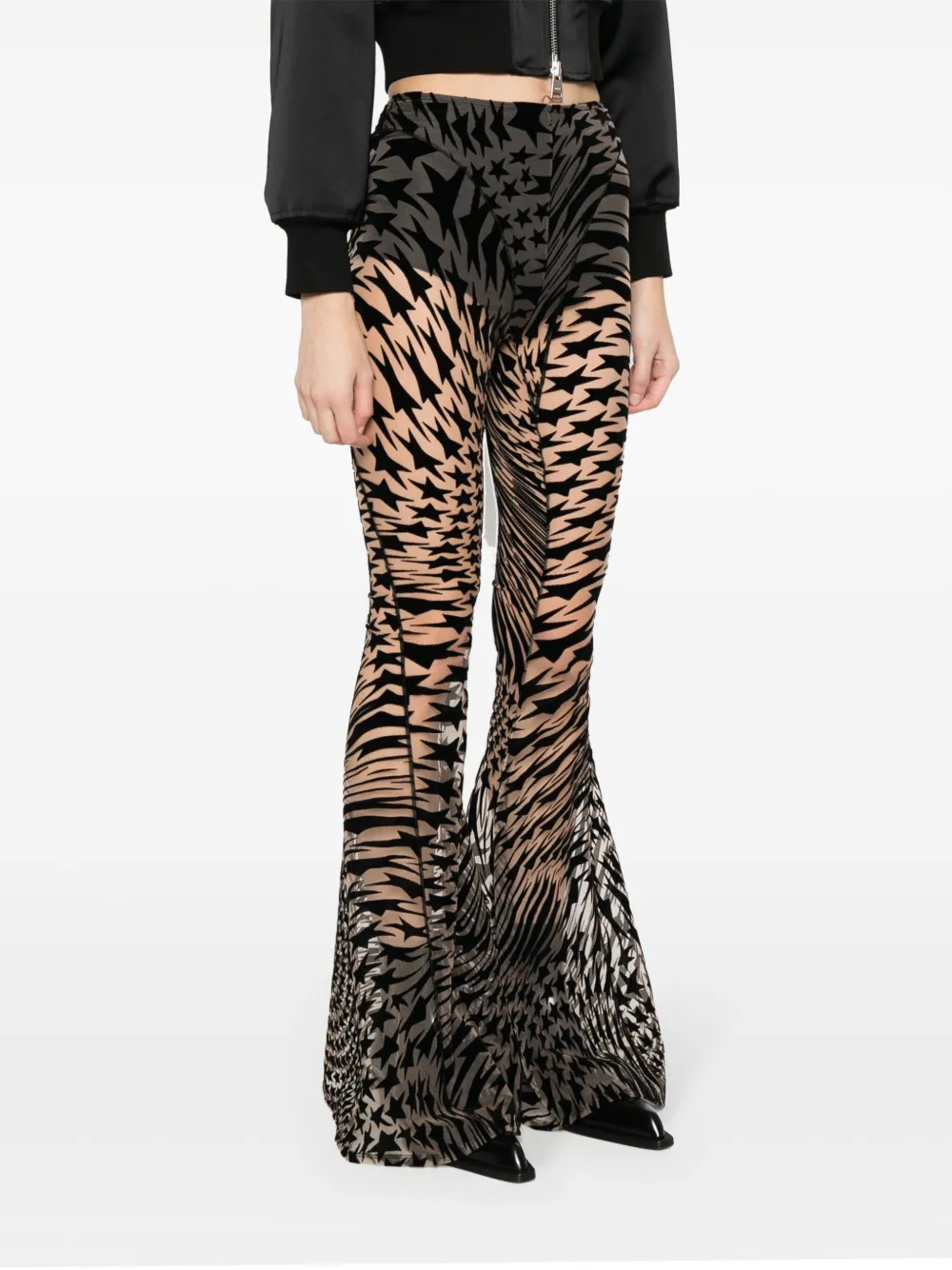 Shop Mugler Star-print Mesh Flared Trousers In Black