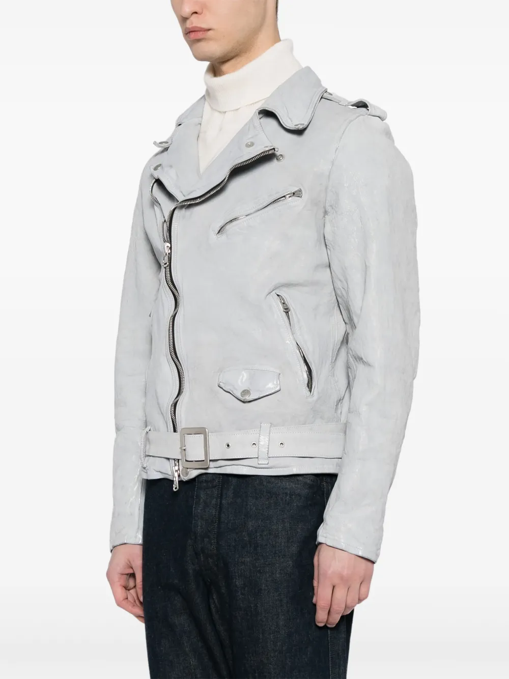 Shop Yohji Yamamoto Belted Leather Biker Jacket In Grey