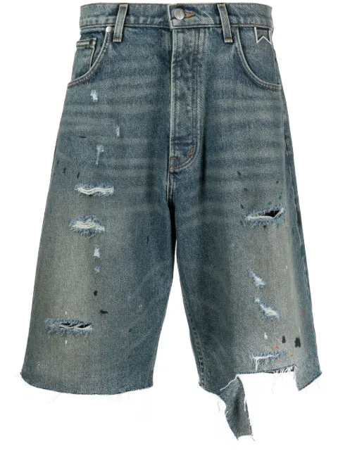 RHUDE paint-splatter logo-plaque denim shorts