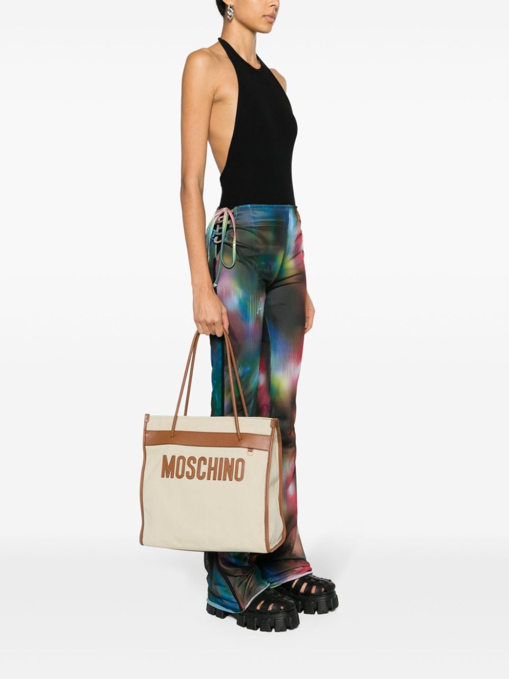 Shop Moschino Logo-patch Canvas Shoulder Bag In Neutrals