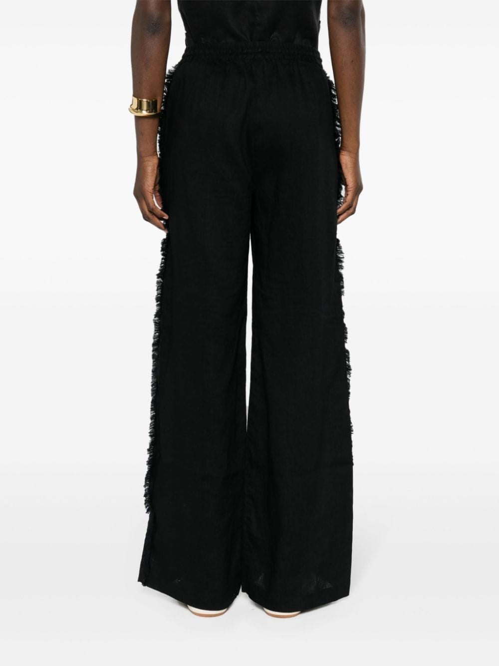 Shop P.a.r.o.s.h Fringed Linen Straight-leg Trousers In Schwarz