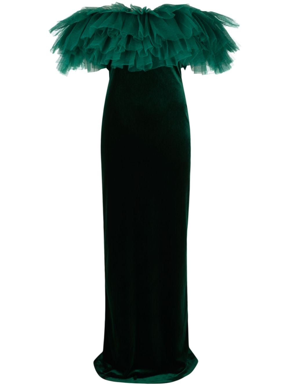 Ana Radu Ruffled-bardot Velvet Maxi Dress In Green