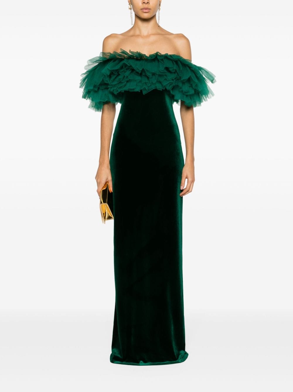 Shop Ana Radu Ruffled-bardot Velvet Maxi Dress In Green