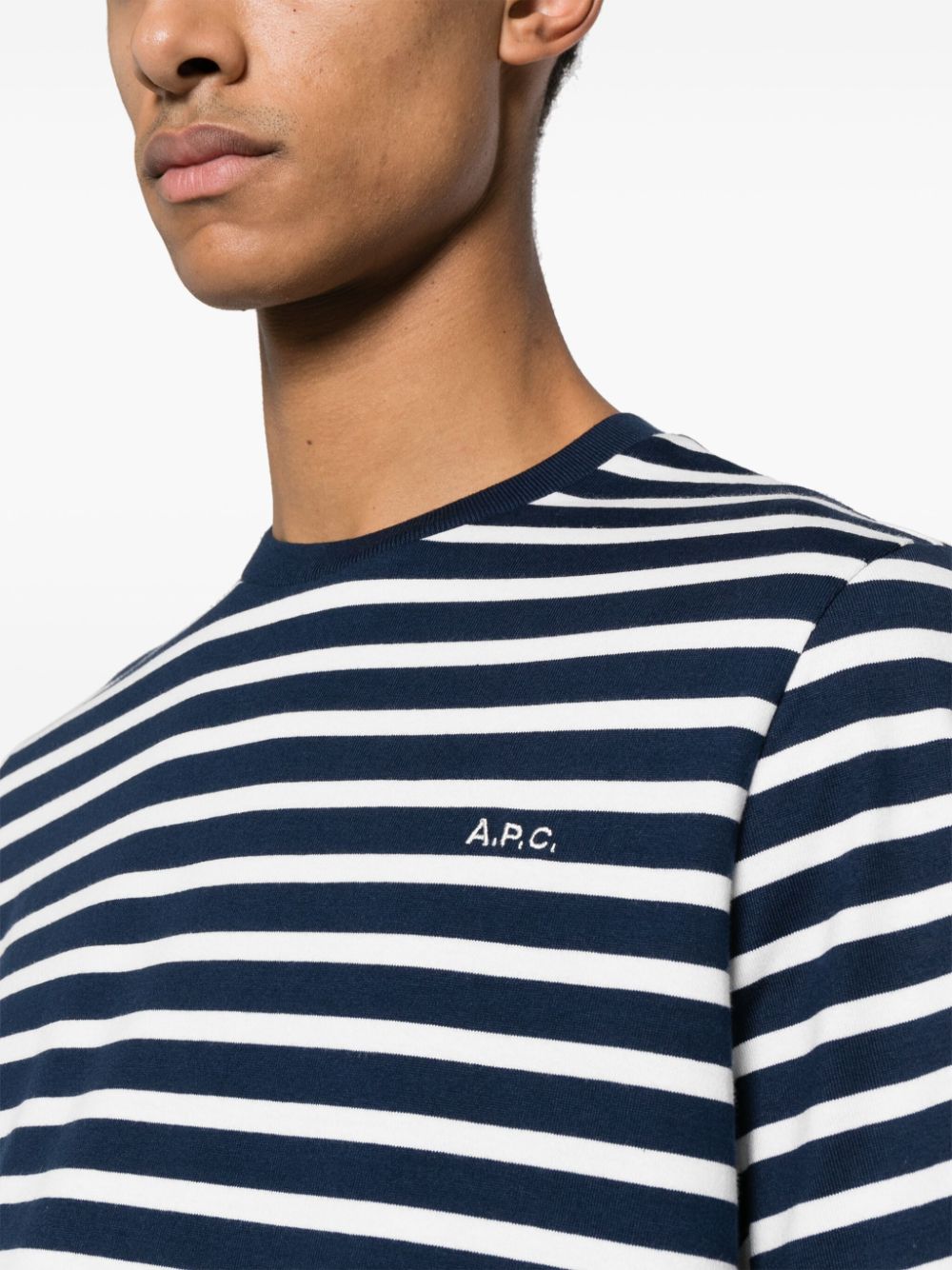 Shop Apc Stripe-print Cotton T-shirt In Blue