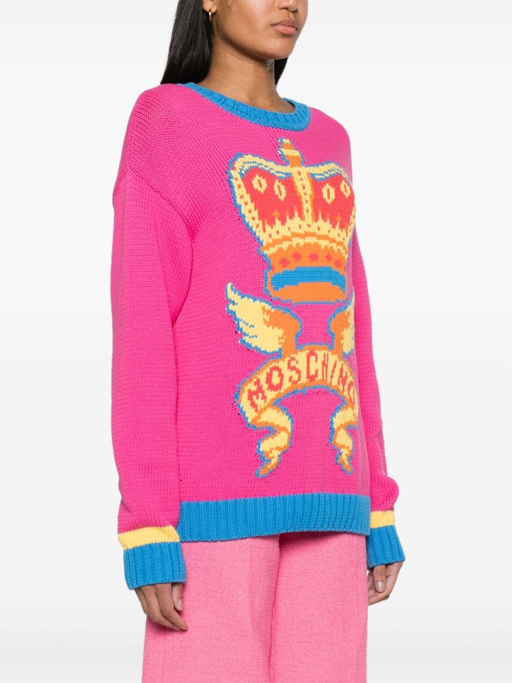 Shop Moschino Patterned-intarsia Knit Logo Jumper In Pink