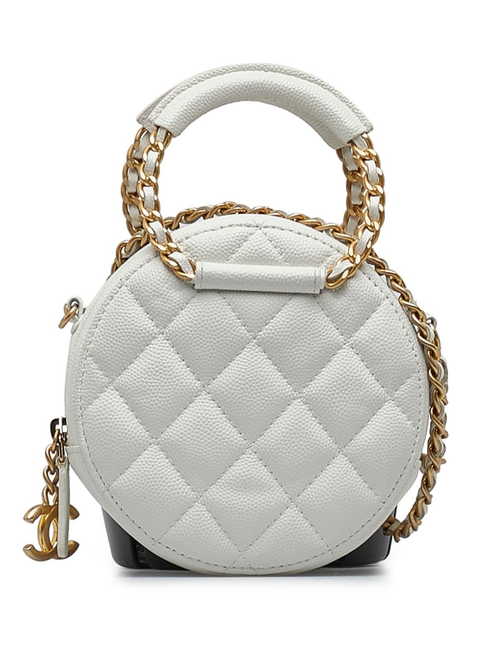 Pre-owned Chanel 2019  Caviar Woven Chain Handle Round Bag In White