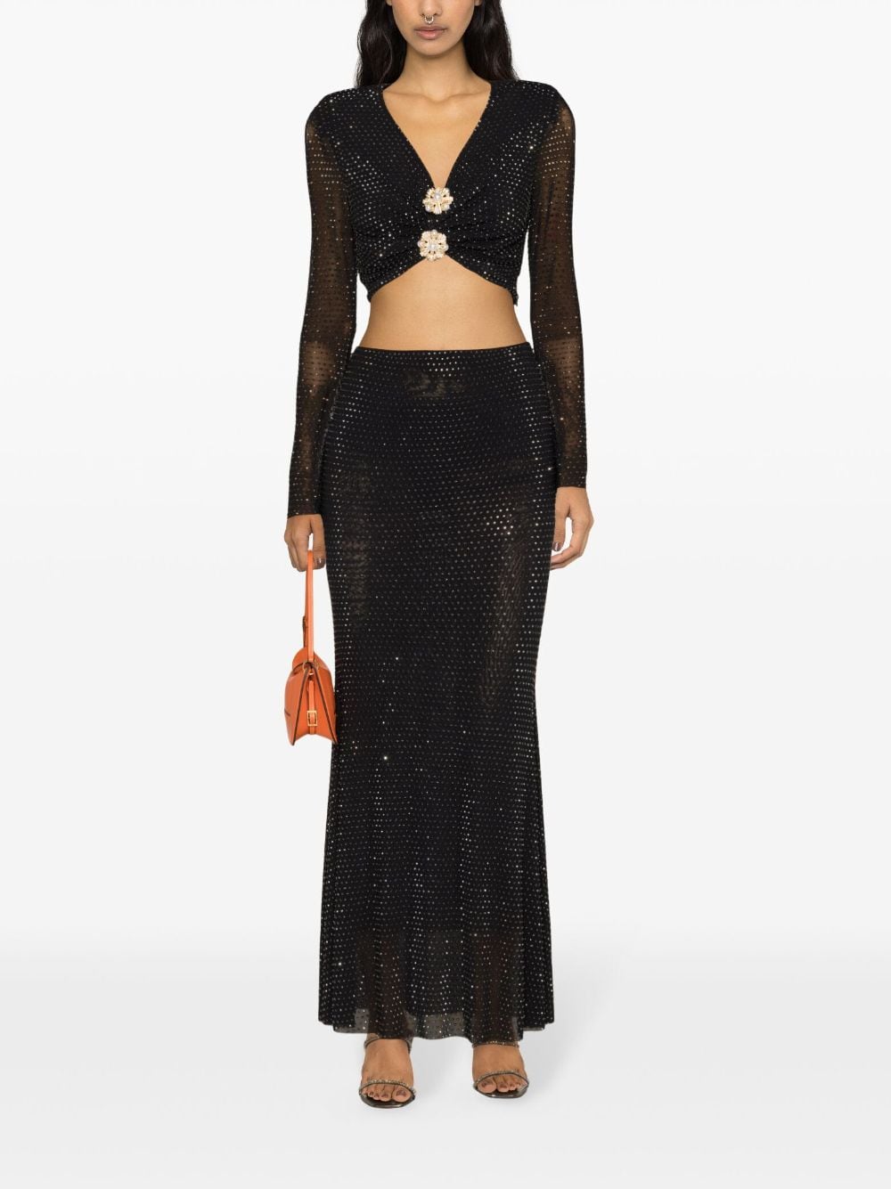 Shop Self-portrait Rhinestone-embellished Flared Maxi Skirt In Black
