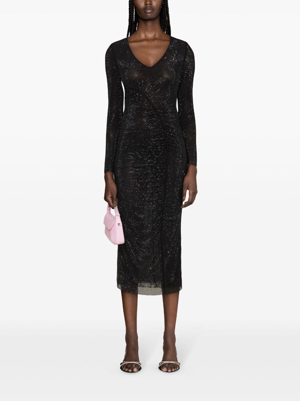 Shop Self-portrait Rhinestone-embellished Gathered Midi Dress In Black