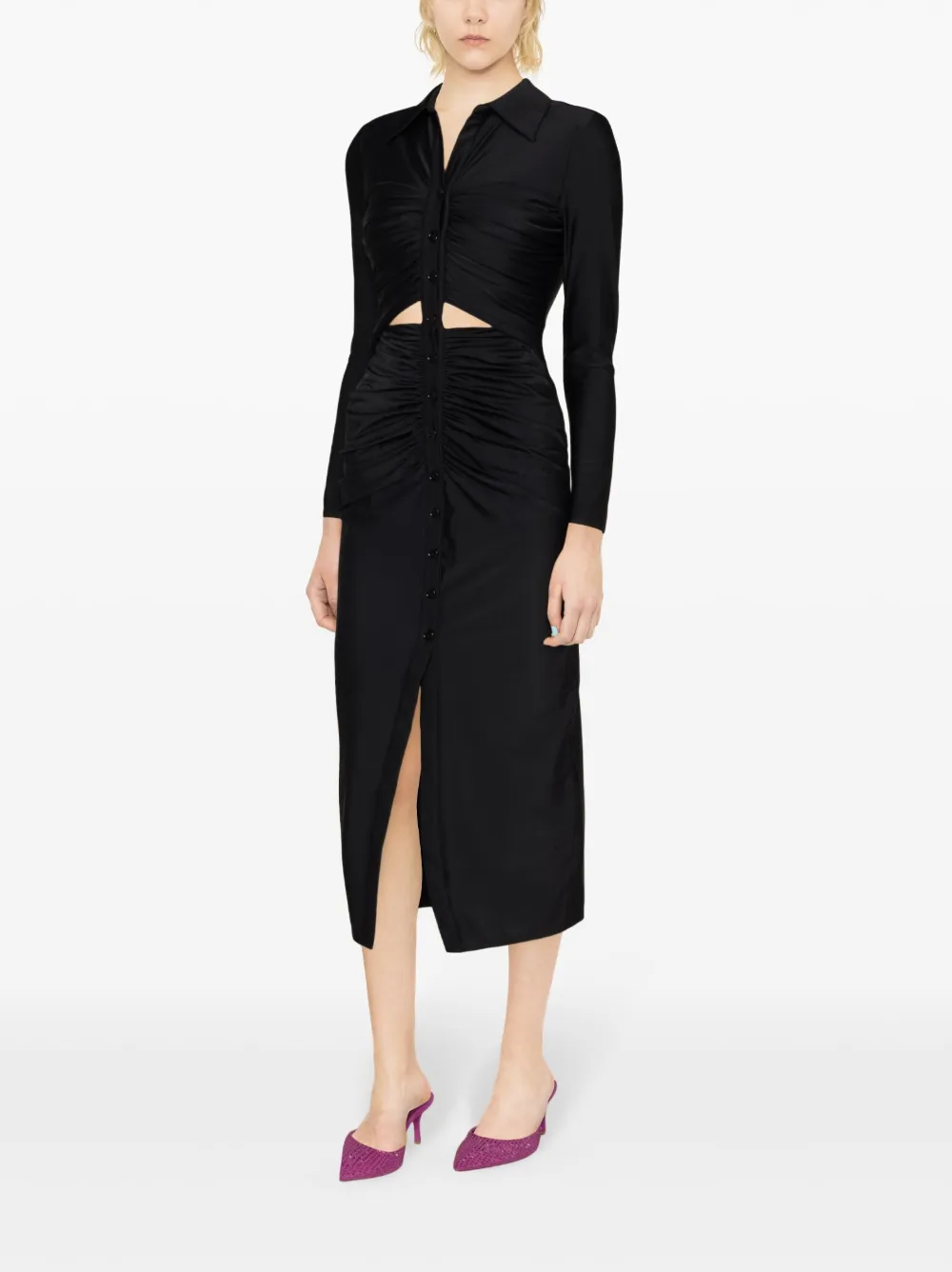 Shop Self-portrait Ruched Spread-collar Midi Dress In Black