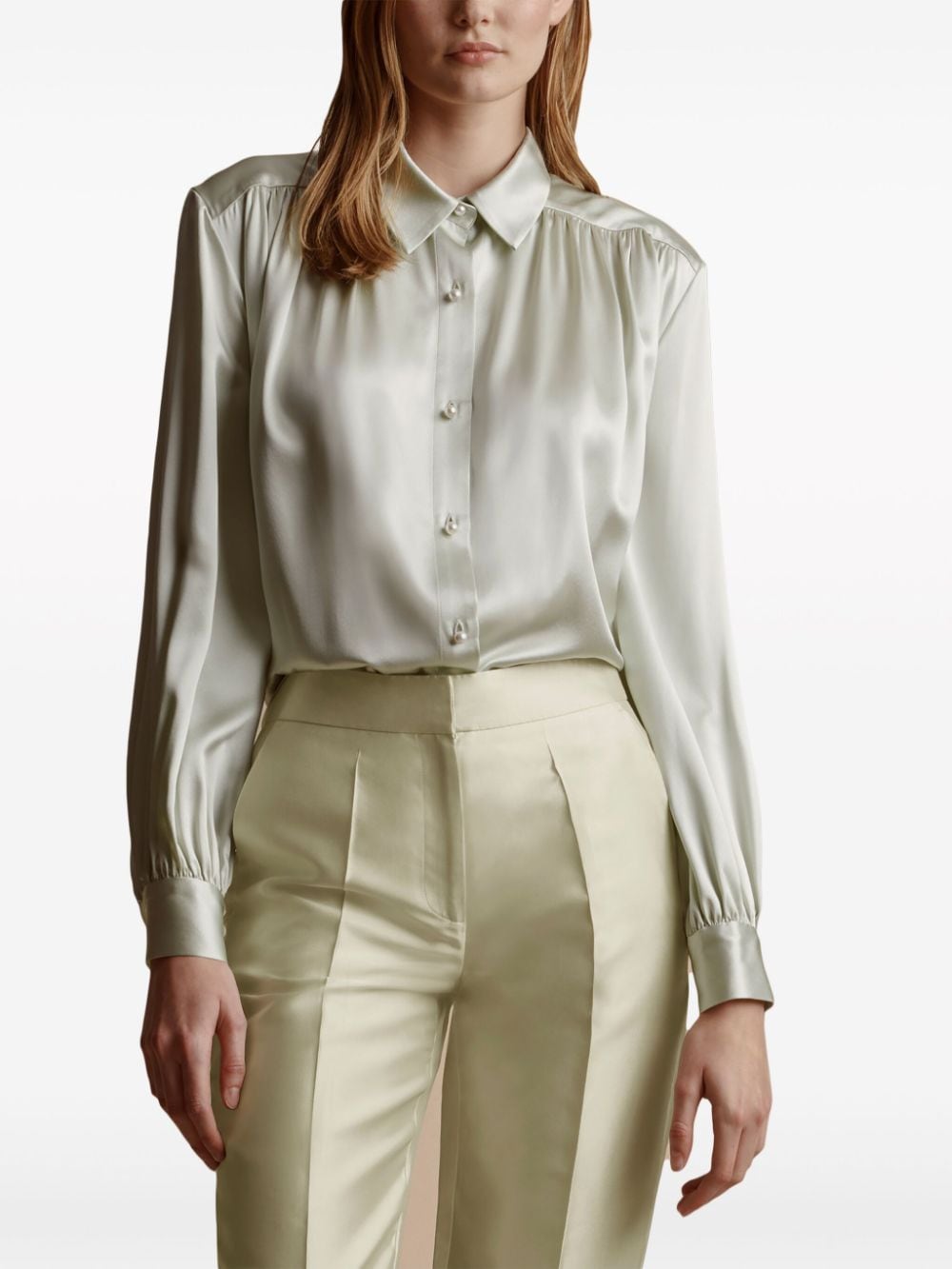 Shop Adam Lippes Pearl-buttons Silk Blouse In Green