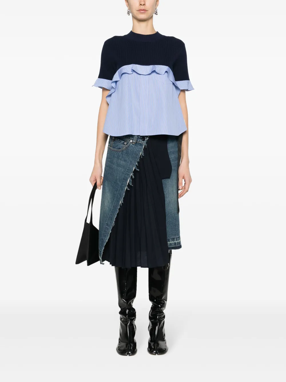 sacai stripe-pattern cotton-blend T-shirt - Blauw