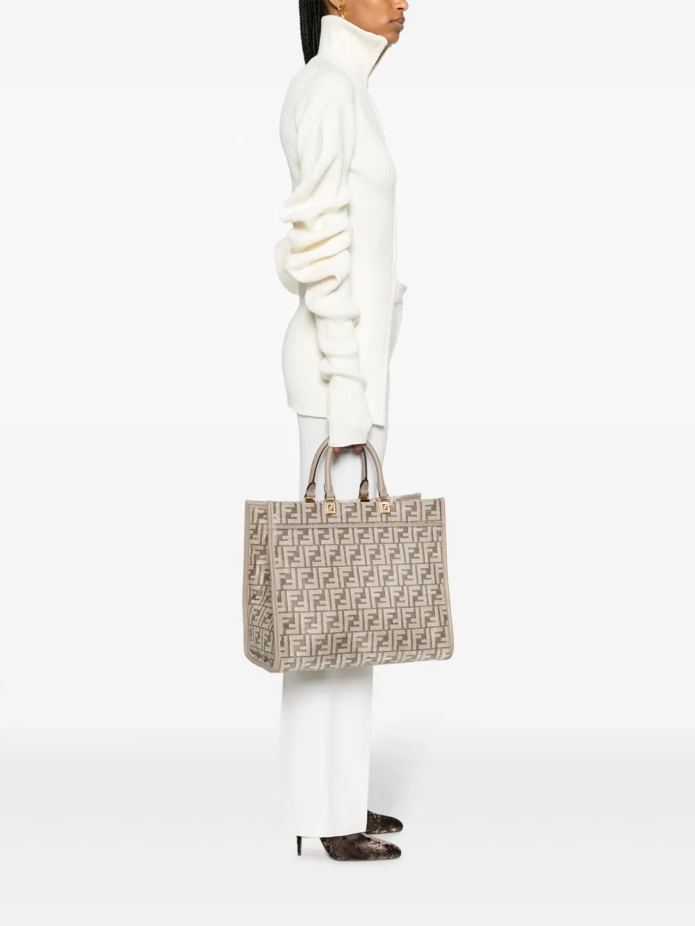 Shop Fendi Medium Sunshine Ff-print Tote Bag In Neutrals