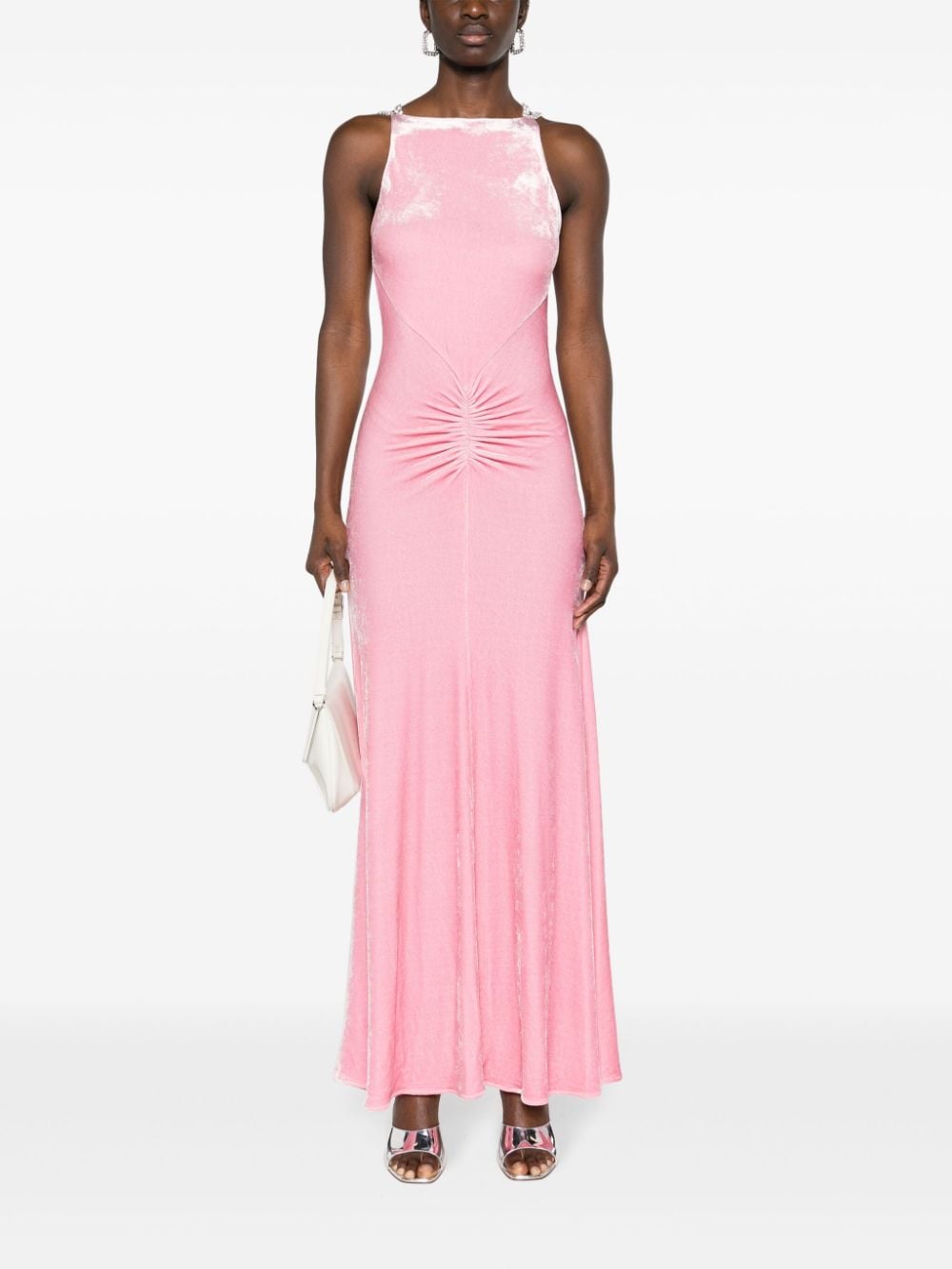 Shop Rabanne Crystal-straps Velvet Maxi Dress In Pink
