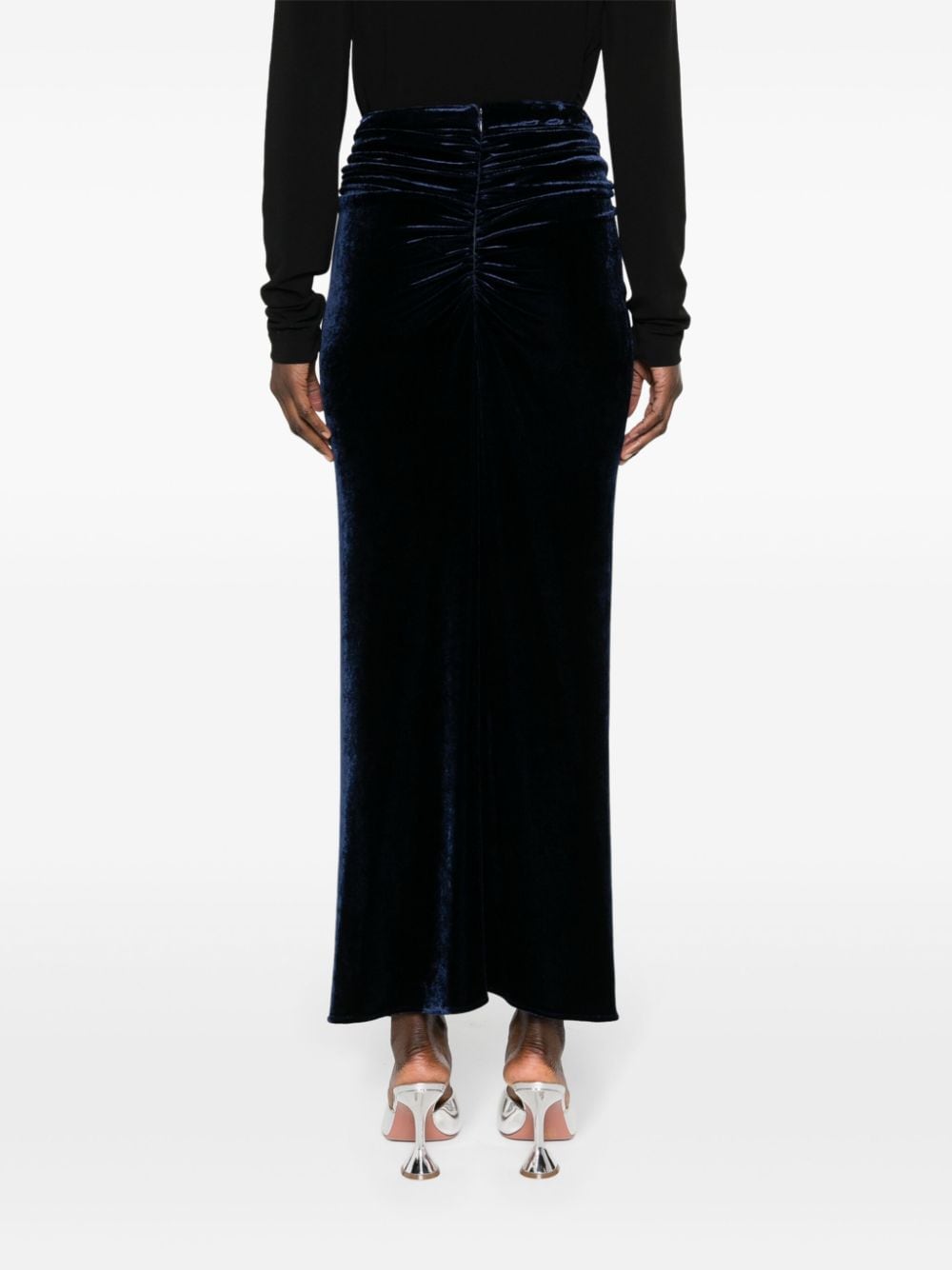 Shop Rabanne Crystal-brooch Velvet Midi Skirt In Blue