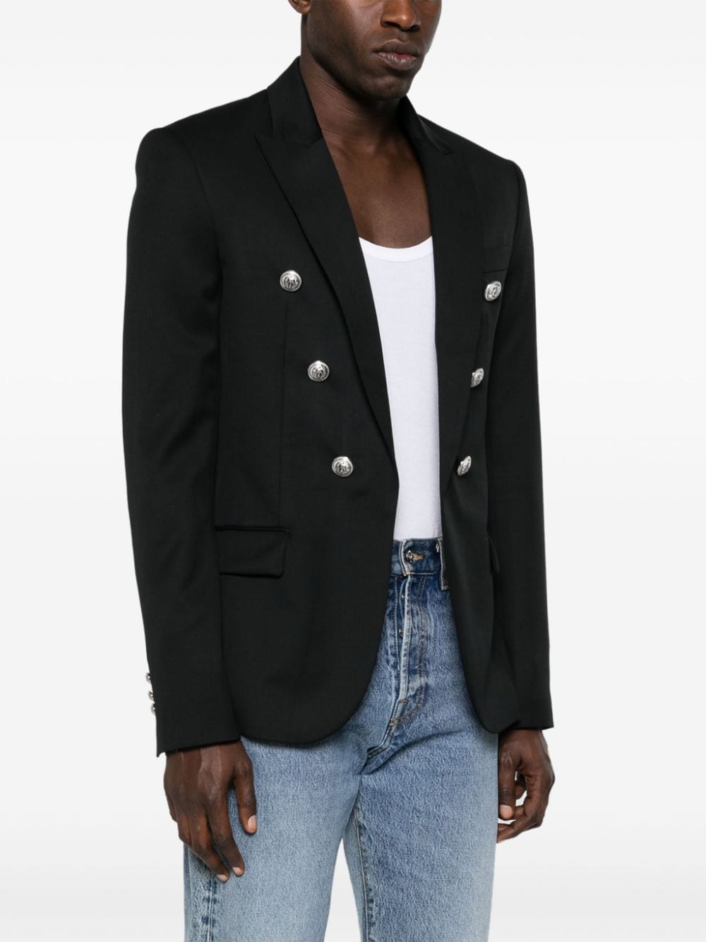 Shop Balmain Button-embellished Wool Blazer In Black