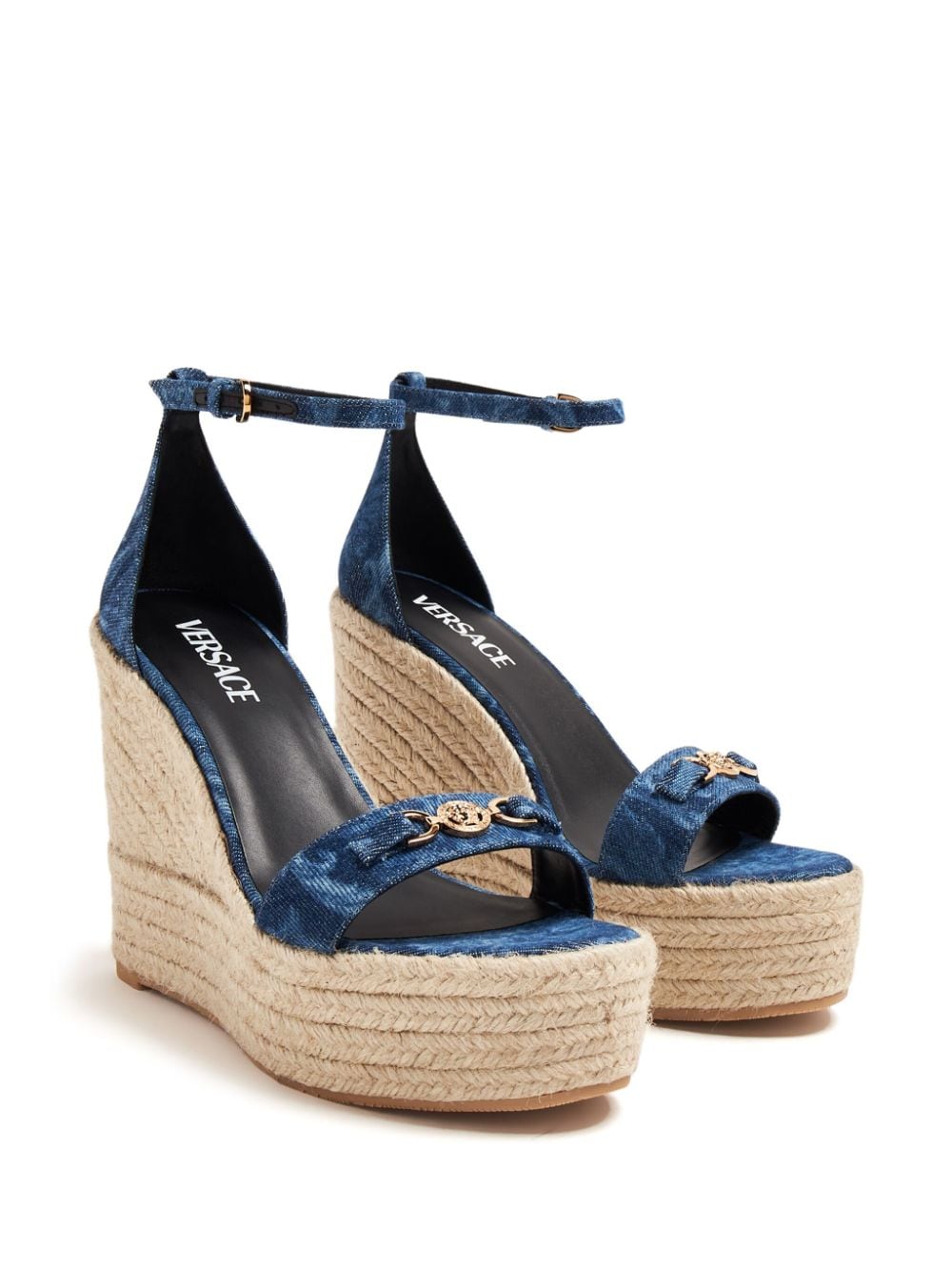 Shop Versace Barocco Denim Wedge Sandals In Blue