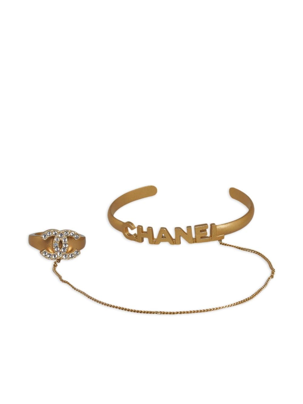 Pre-owned Chanel 2009 Cc Rhinestone-embellished Chain Bracelet Ring In Gold