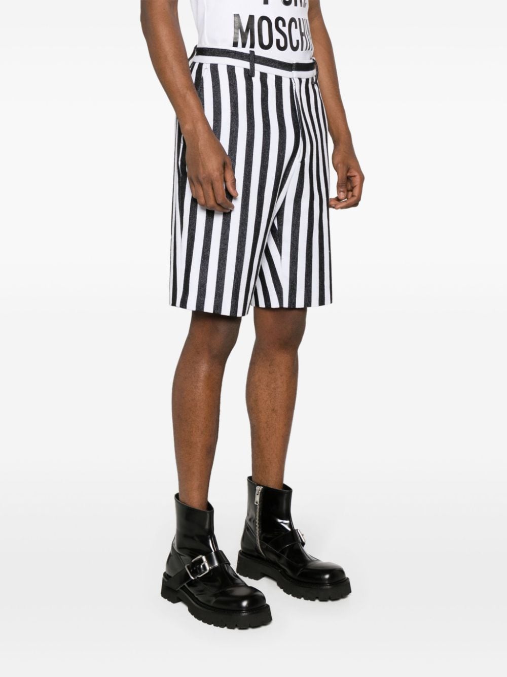 Shop Moschino Striped Cotton-blend Chino Shorts In Black