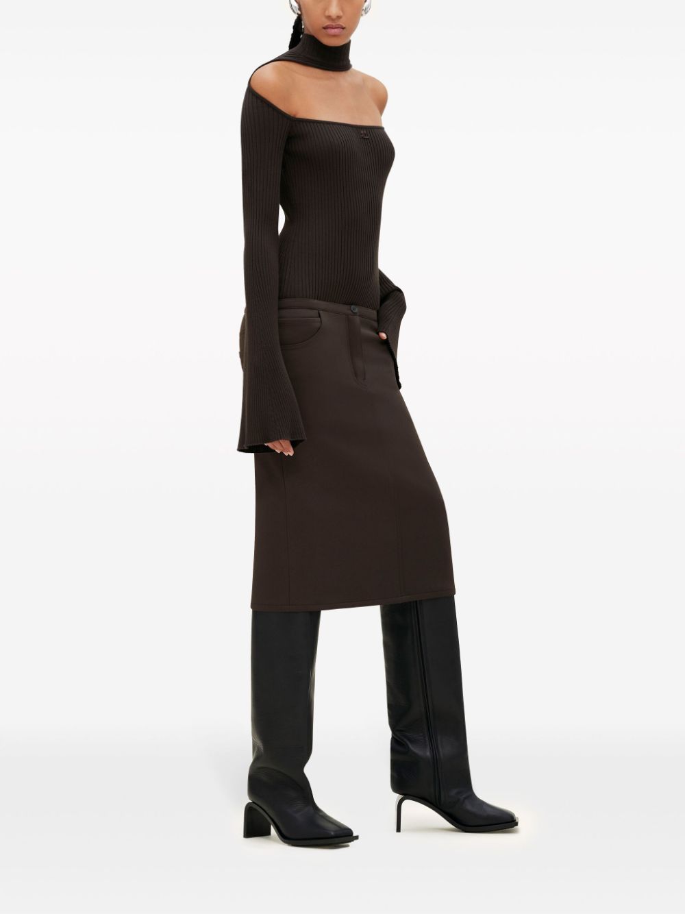 Shop Courrèges Low-waist Midi Skirt In Brown