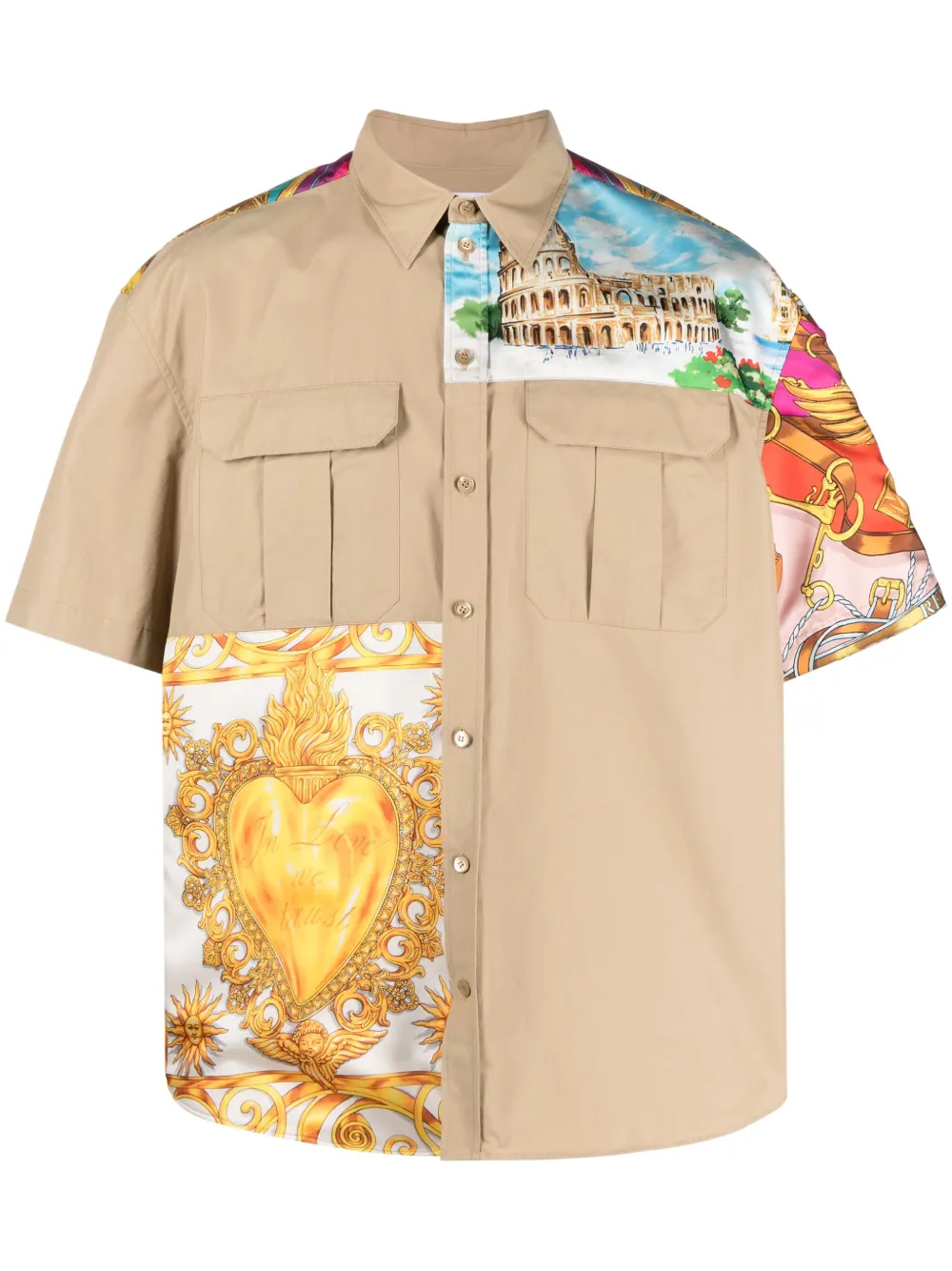 Moschino Mix-print Panelled Shirt In Beige