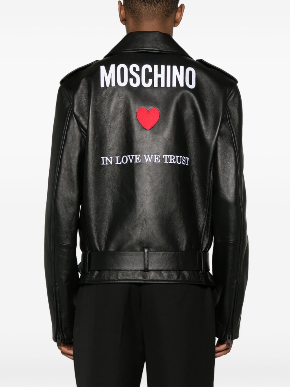 Shop Moschino Logo-embroidered Leather Biker Jacket In 1555 - Nero